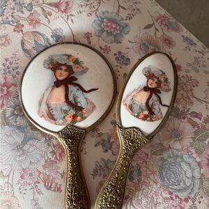 Vintage Floral Hand Mirror and Brush Set